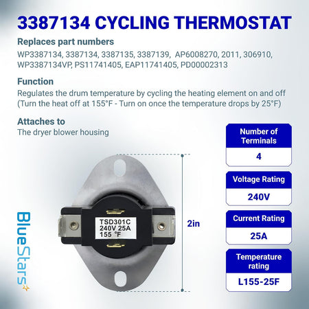 3387134 Cycling Thermostat specification graphic showing 4 terminals, 240V, 25A, L155-25F rating, and 2in height