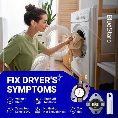 3387134 Cycling Thermostat, 3392519 Dryer Thermal Fuse, 3977767 High-Limit Thermostat – dryer symptoms graphic with parts sho
