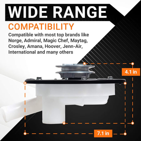 Washer drain pump with pulley showing 4.1-inch height and 7.1-inch width dimensions for compatibility reference.