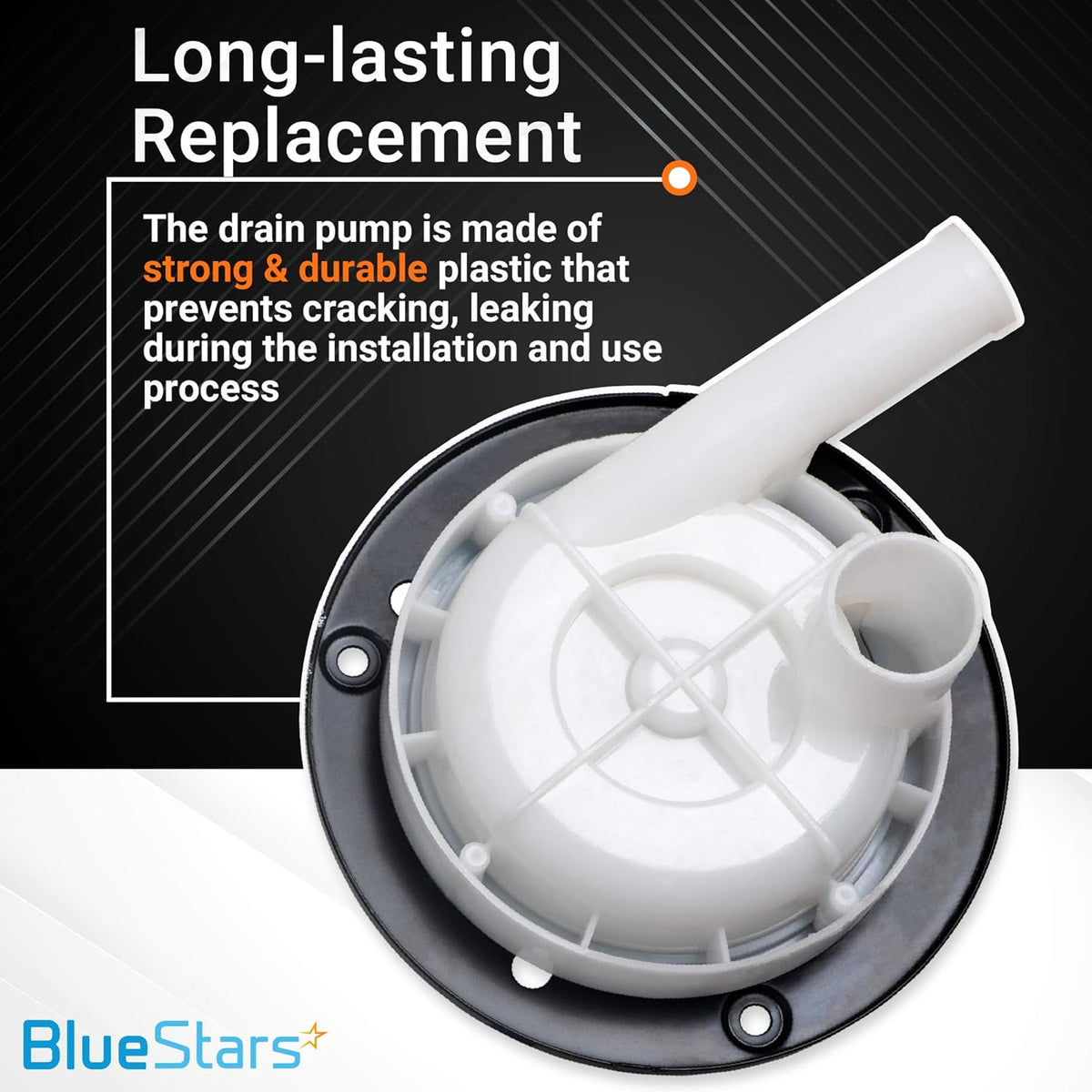 Replacement washer drain pump for Whirlpool and Maytag washers with durable plastic housing and mounting flange.