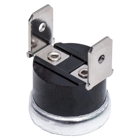 Dishwasher high limit thermostat replacement part with two metal terminals.