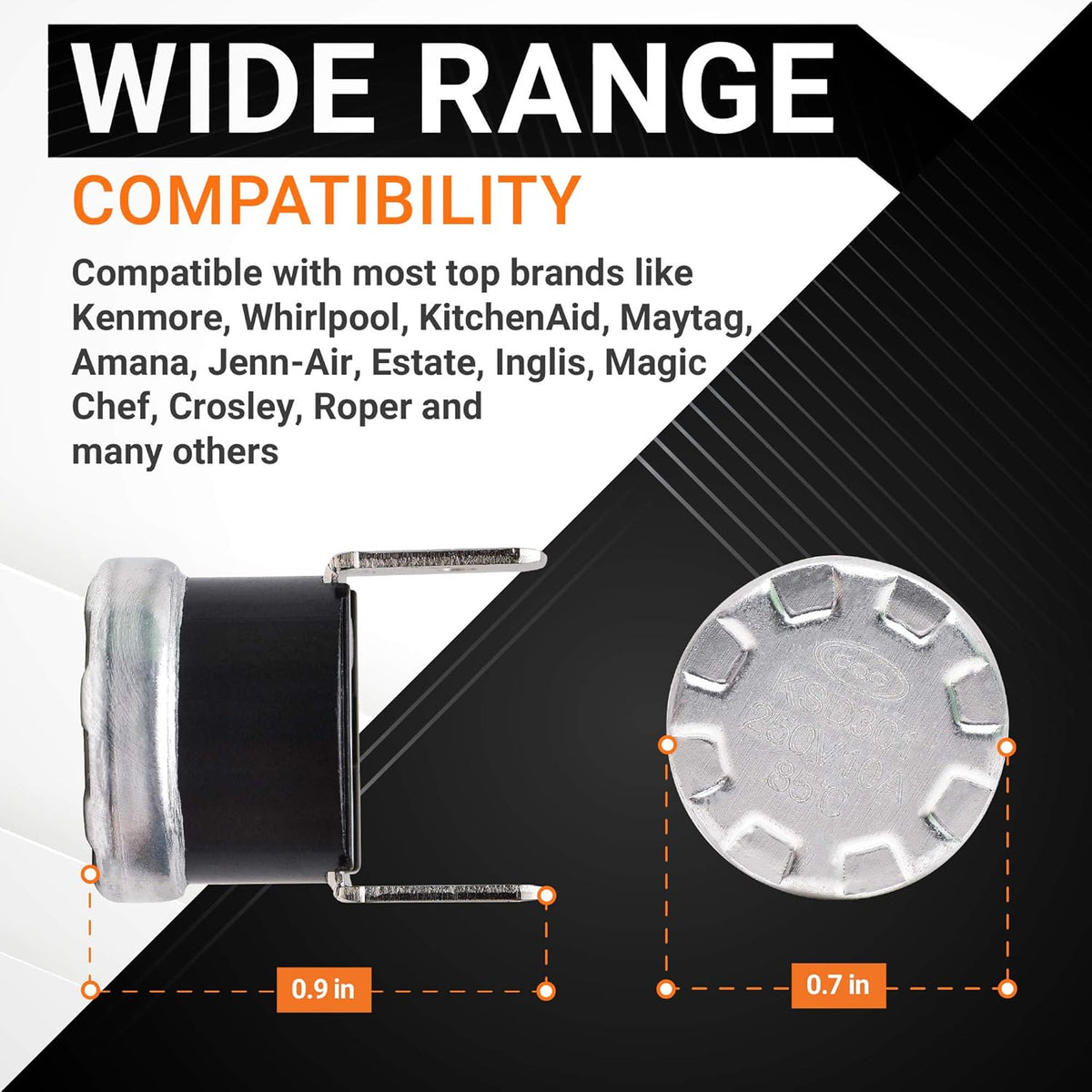 Infographic showing dimensions of 661566 dishwasher high limit thermostat compatible with major appliance brands.