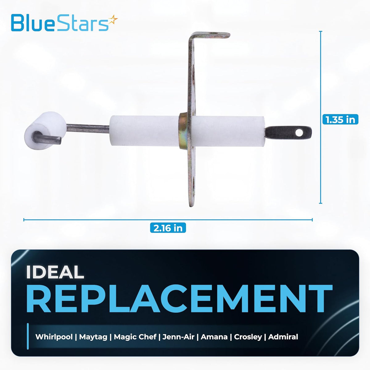 74004053 range top burner igniter with dimensions shown for Whirlpool and Maytag stoves.