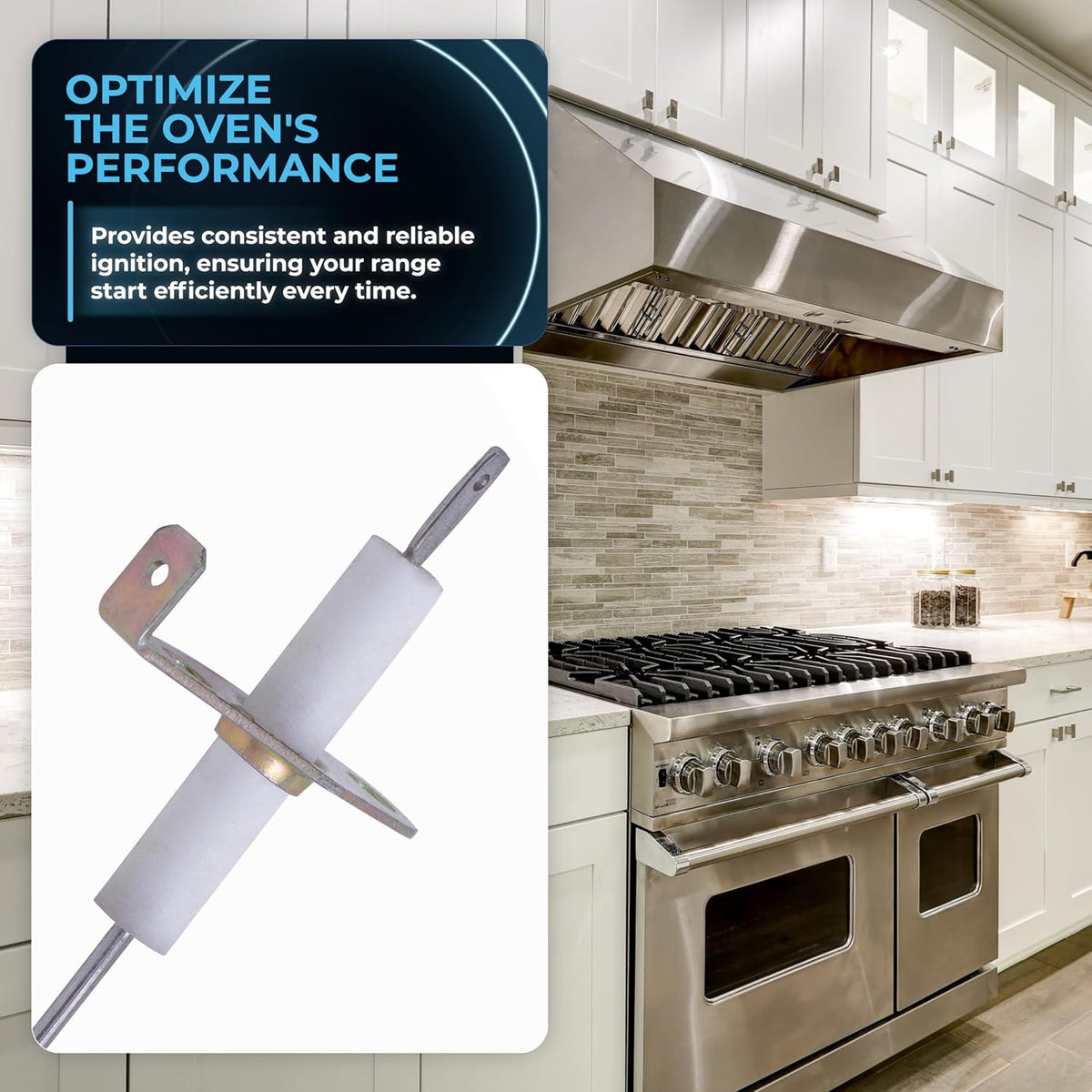 74004053 range top burner igniter replacement part shown next to a stainless steel kitchen range.