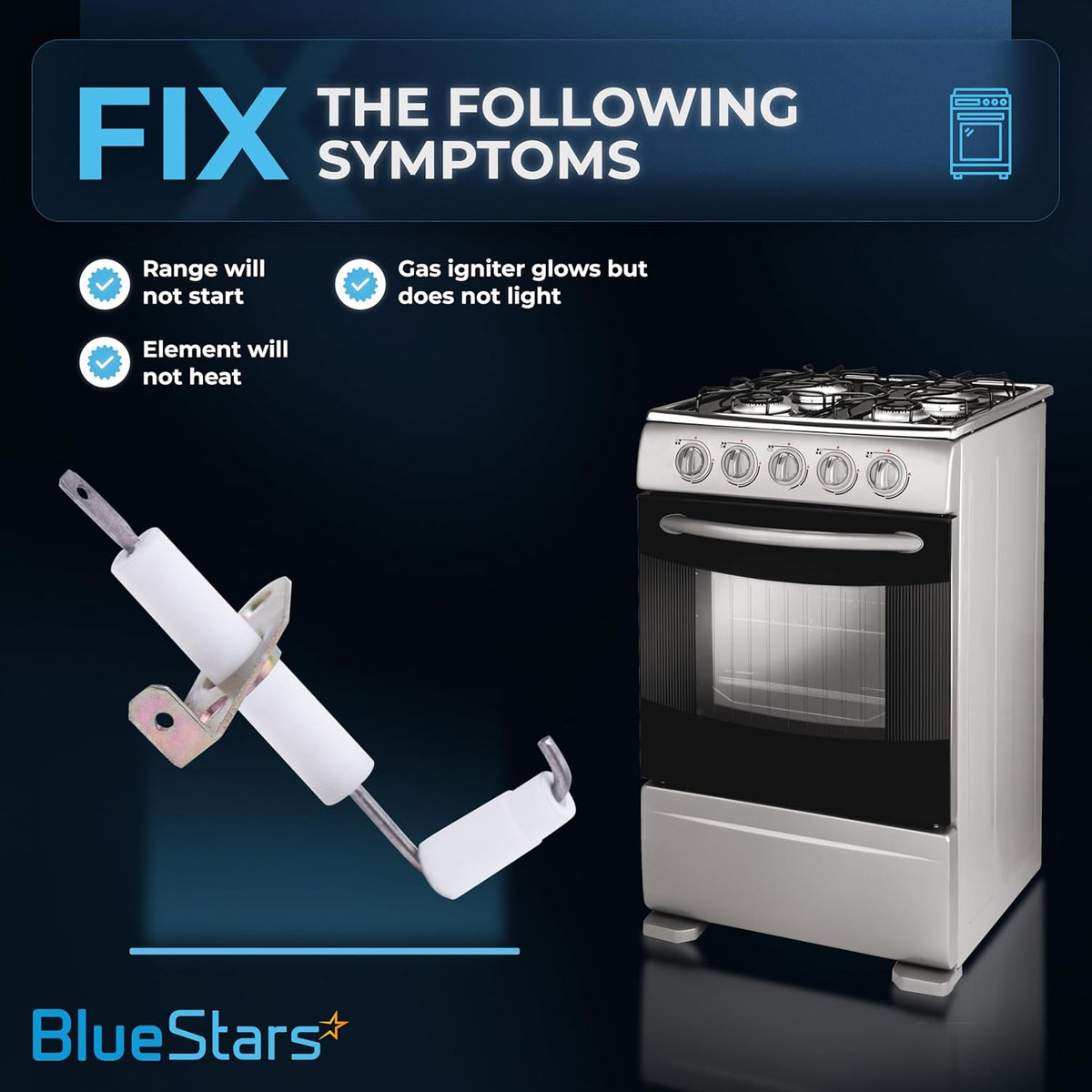 74004053 range top burner igniter shown with a compatible gas stove and a list of common repair symptoms.