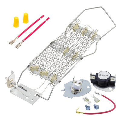 Dryer heating element and thermal cut-off kit for Whirlpool and Kenmore dryers with wires and mounting hardware.