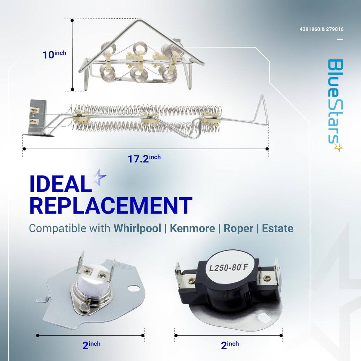 WP4391960 dryer heating element and 279816 thermal cut-off kit with dimensions for Whirlpool and Kenmore dryers.