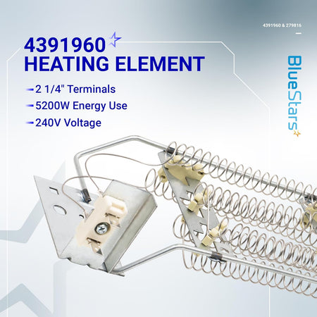 WP4391960 dryer heating element with 240V, 5200W rating and 1/4 inch terminals for Whirlpool and Kenmore dryers.