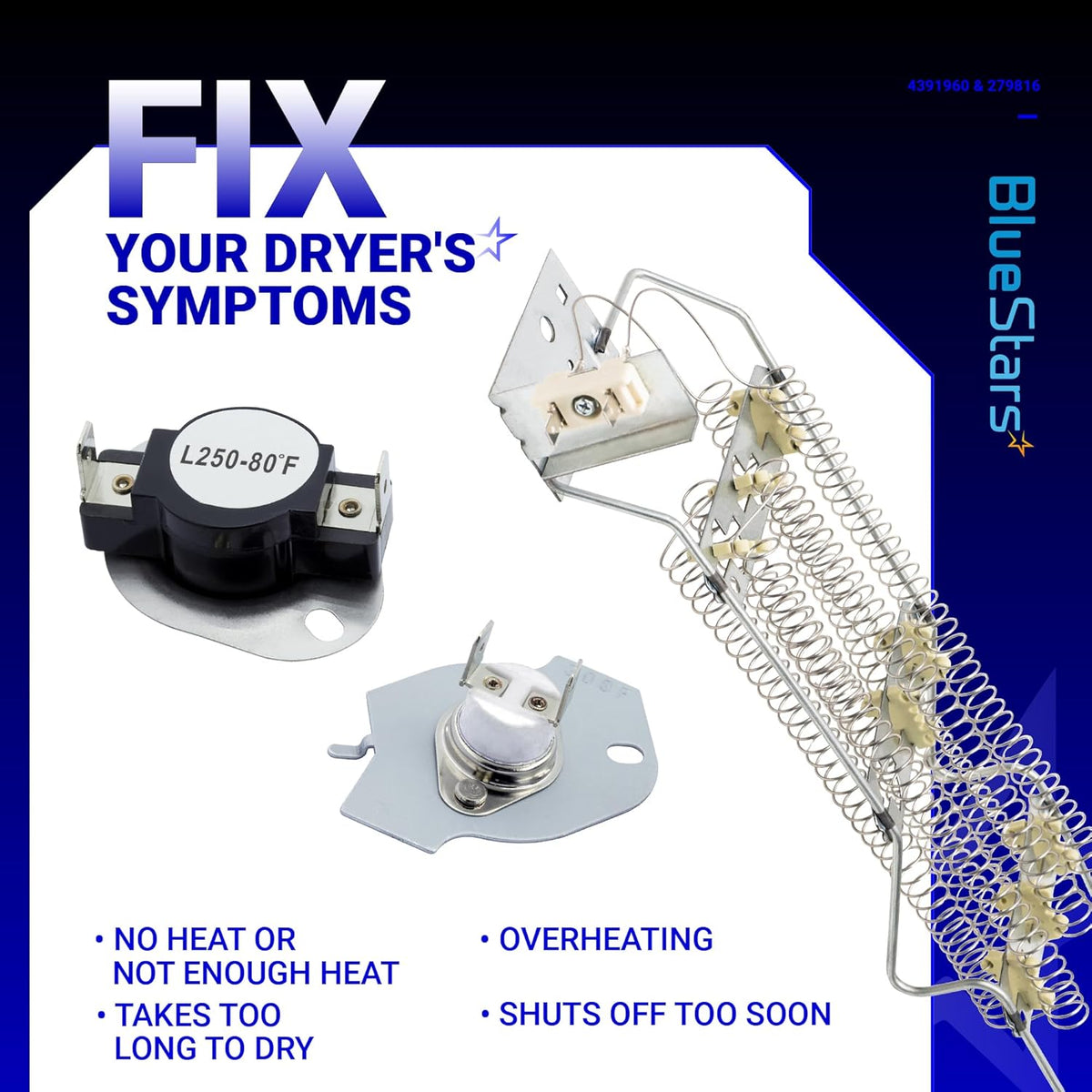 WP4391960 dryer heating element and 279816 thermal cut-off kit for Whirlpool and Kenmore dryers.
