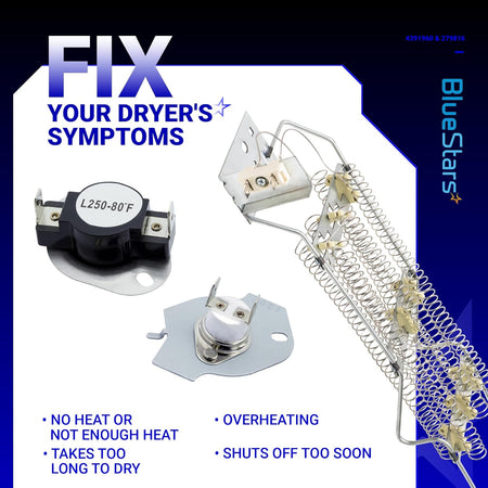 WP4391960 dryer heating element and 279816 thermal cut-off kit for Whirlpool and Kenmore dryers.