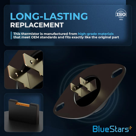 Infographic showing DC32-00007A dryer thermistor replacement with close-up views of the electrical terminals.