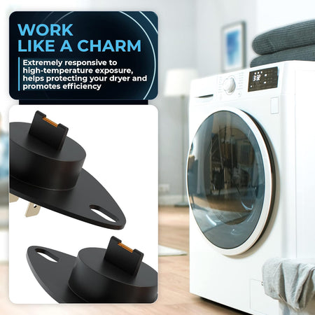 Two DC32-00007A dryer thermistors shown next to a Samsung dryer with text highlighting high-temperature performance.