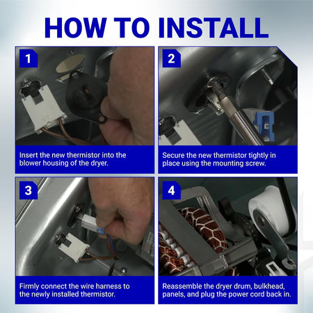 DC32-00007A Dryer Thermistor Replacement, four-step installation guide showing insertion, securing, wiring, and dryer reassem