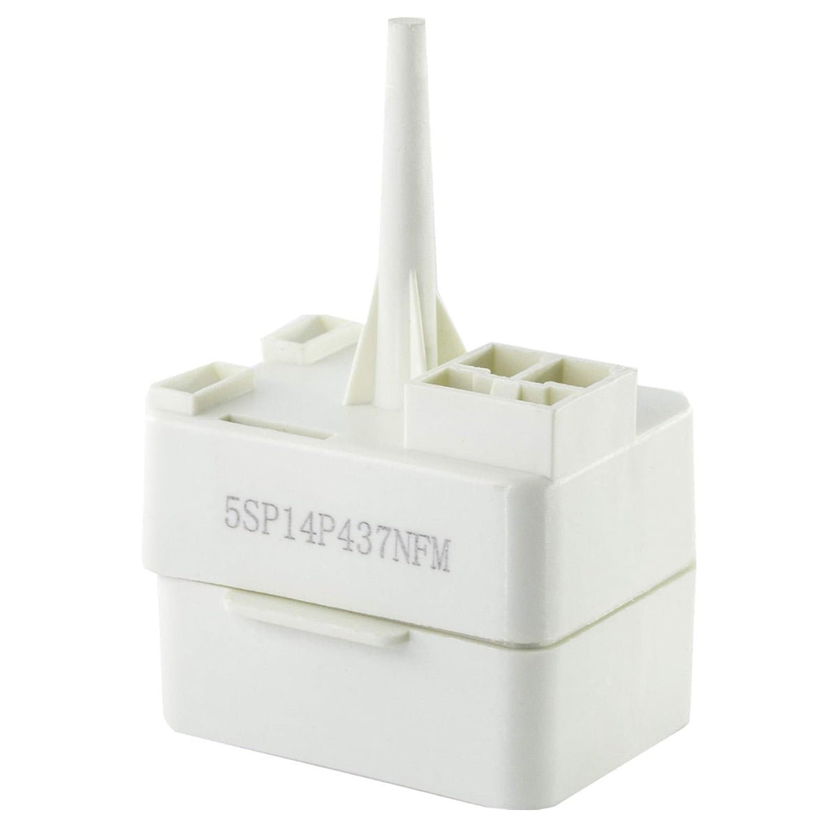 White refrigerator compressor relay and overload replacement part for Whirlpool and Kenmore refrigerators.