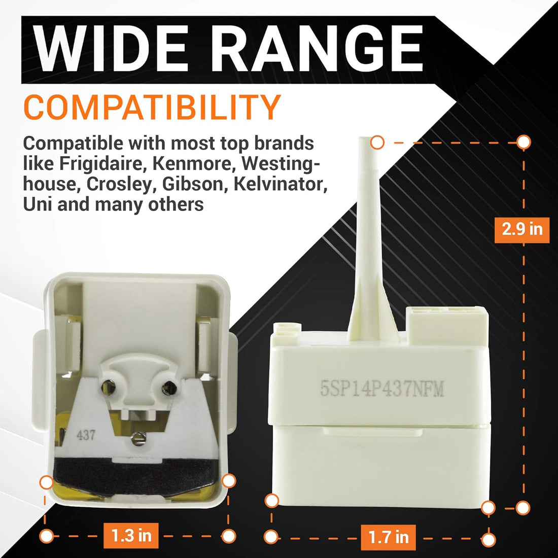 Dimensional diagram of 2188830 refrigerator compressor relay and overload replacement showing 1.3-inch and 1.7-inch widths.