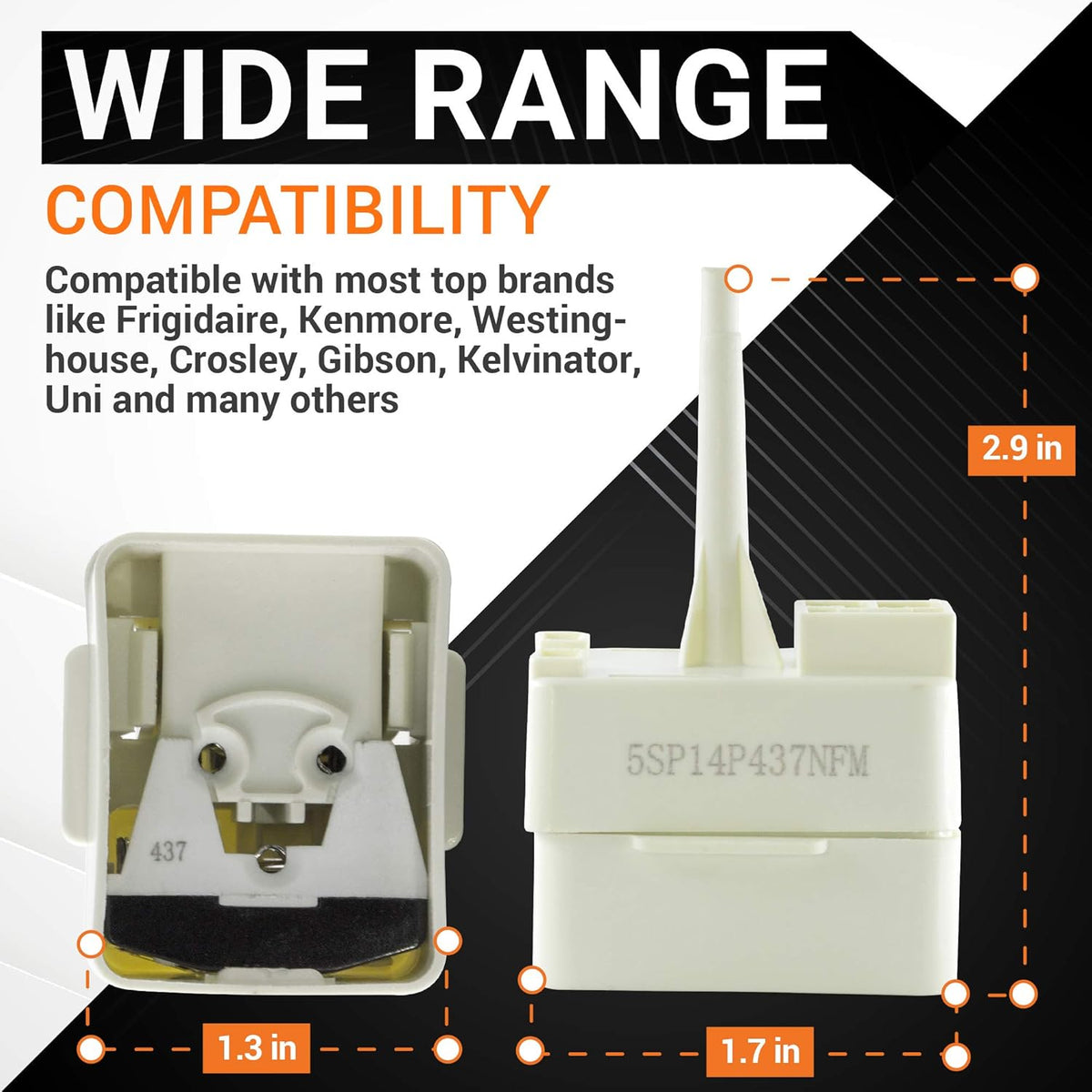 Dimensional diagram of 2188830 refrigerator compressor relay and overload replacement showing 1.3-inch and 1.7-inch widths.