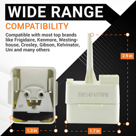 Dimensional diagram of 2188830 refrigerator compressor relay and overload replacement showing 1.3-inch and 1.7-inch widths.