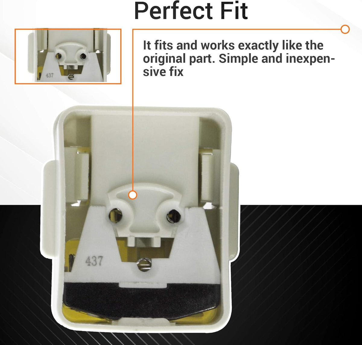 Close-up view of 2188830 refrigerator compressor relay and overload replacement part with Perfect Fit label.