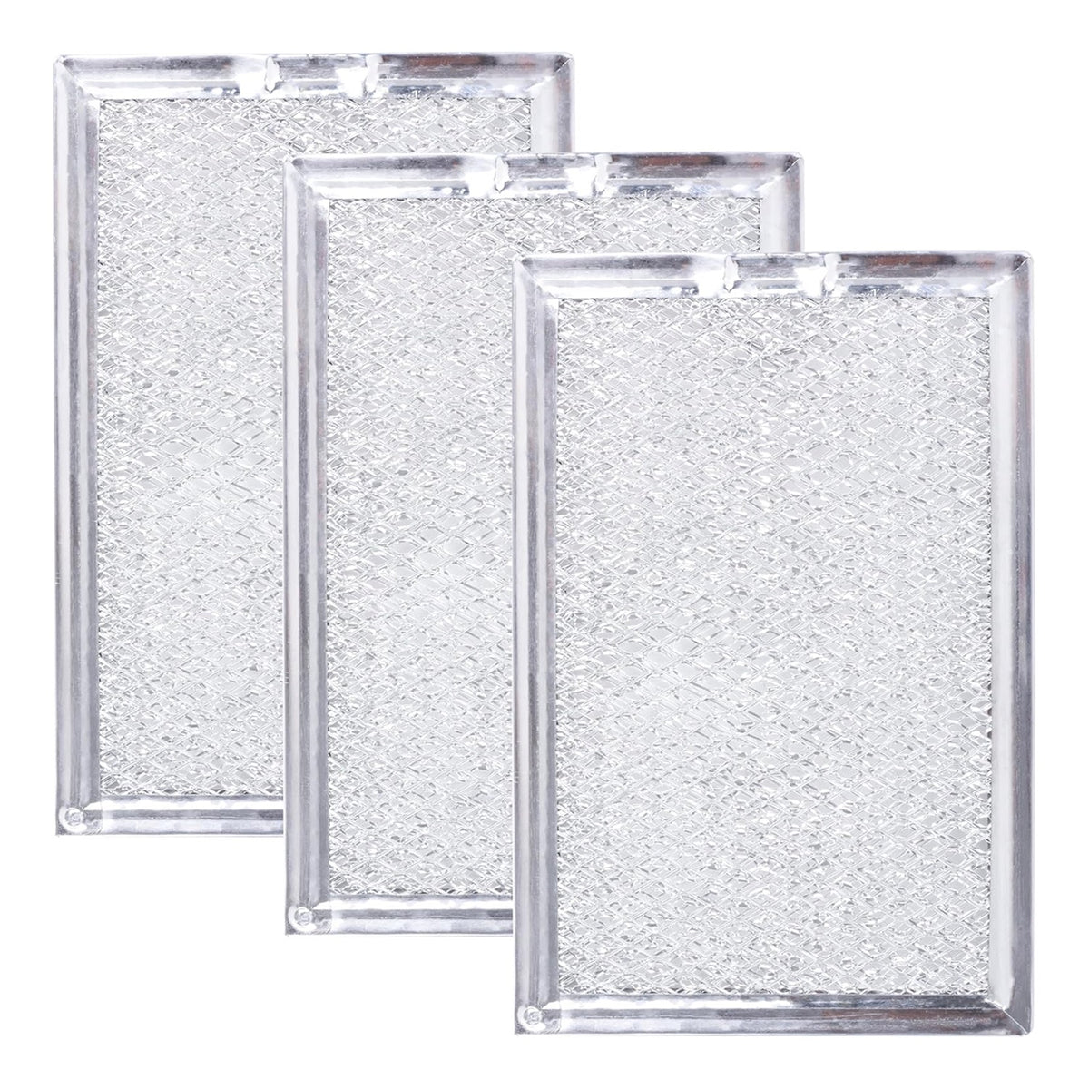 Set of three rectangular metal microwave grease filters for GE, LG, and Kenmore vent hoods.