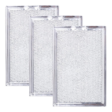 Set of three rectangular metal microwave grease filters for GE, LG, and Kenmore vent hoods.