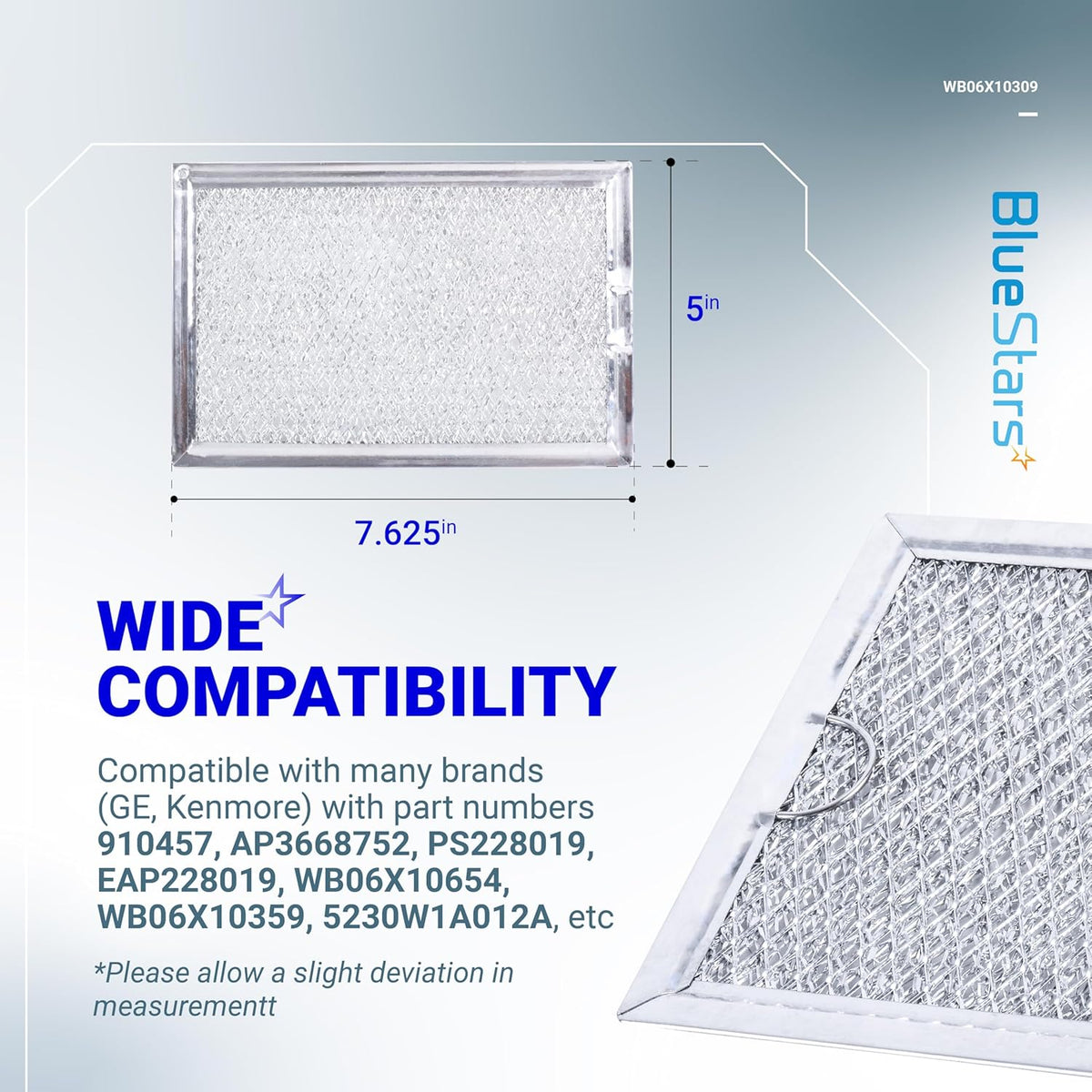 Single microwave grease filter replacement with dimensions 7.625 x 5 inches for GE and Kenmore vent hoods.