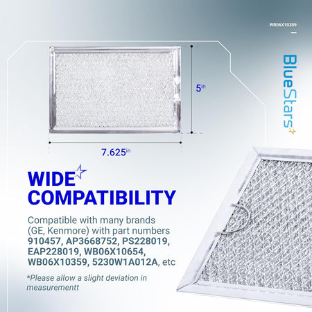 Single microwave grease filter replacement with dimensions 7.625 x 5 inches for GE and Kenmore vent hoods.