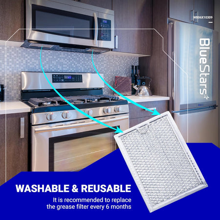 WB06X10309 microwave grease filter shown installed in an over-the-range vent hood with a close-up of the mesh filter.