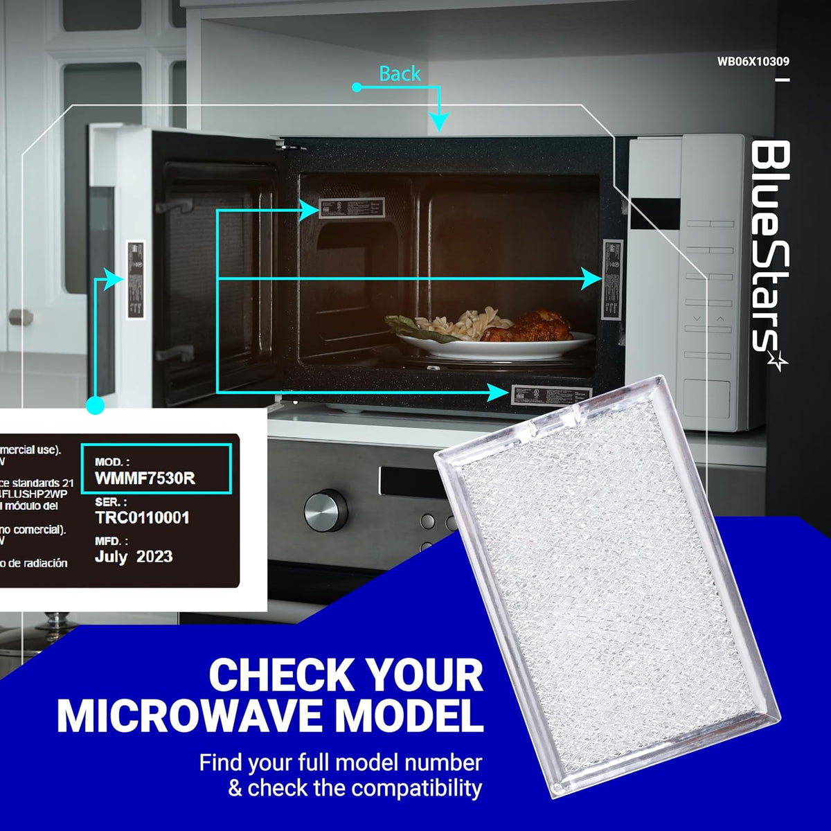Microwave grease filter replacement guide showing model number location for compatibility check.