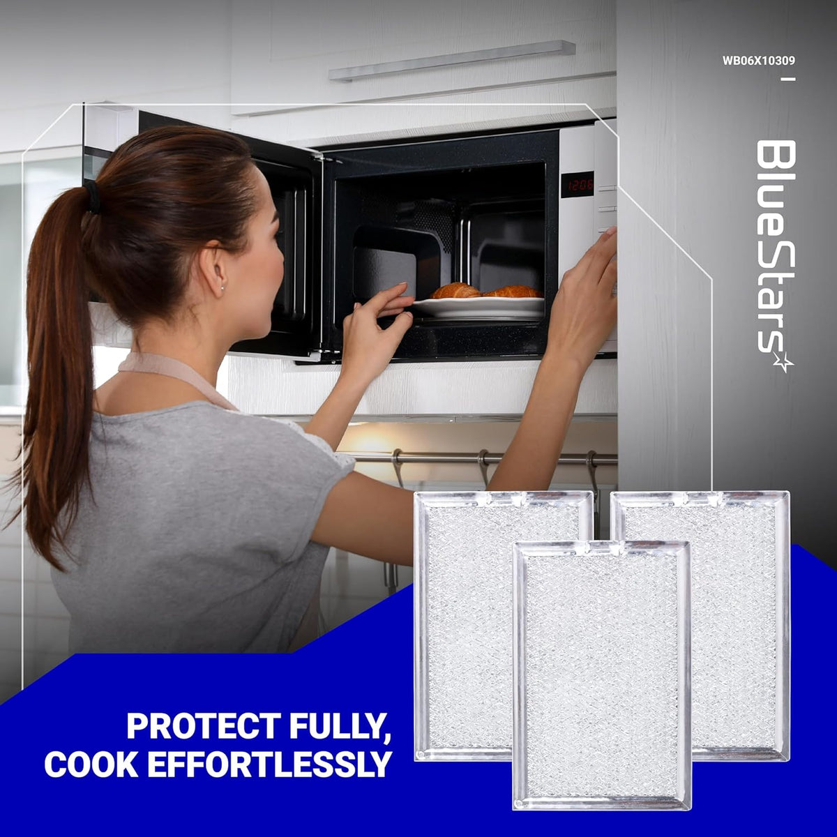 Set of 3 WB06X10309 microwave grease filters for over-the-range vent hoods.