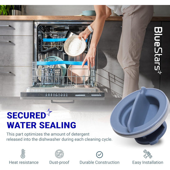 Dishwasher detergent dispenser cap for Whirlpool and Kenmore dishwashers with secured water sealing design.
