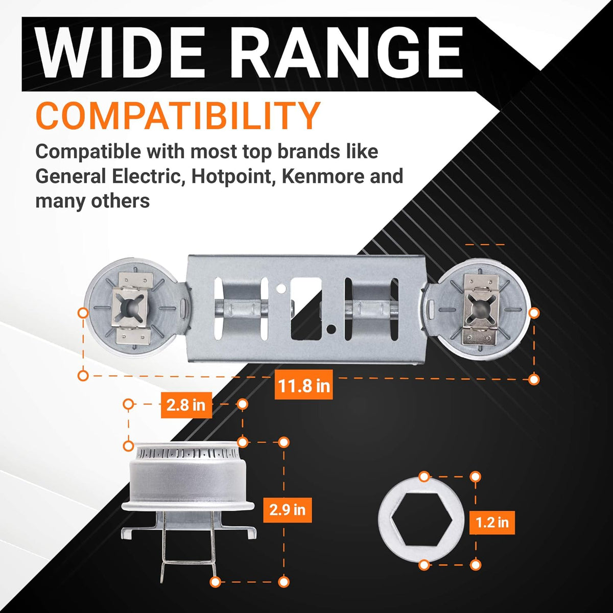 Dimensional diagram of WB16K10026 double burner assembly showing compatibility and measurements for GE range parts.