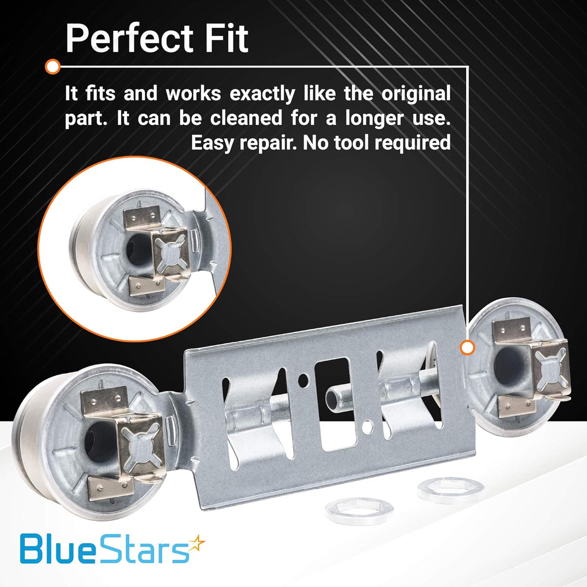 WB16K10026 double burner assembly replacement for GE ranges with close-up view of mounting bracket and burner heads.
