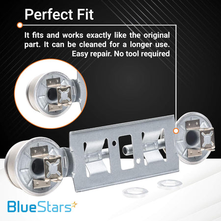 WB16K10026 double burner assembly replacement for GE ranges with close-up view of mounting bracket and burner heads.