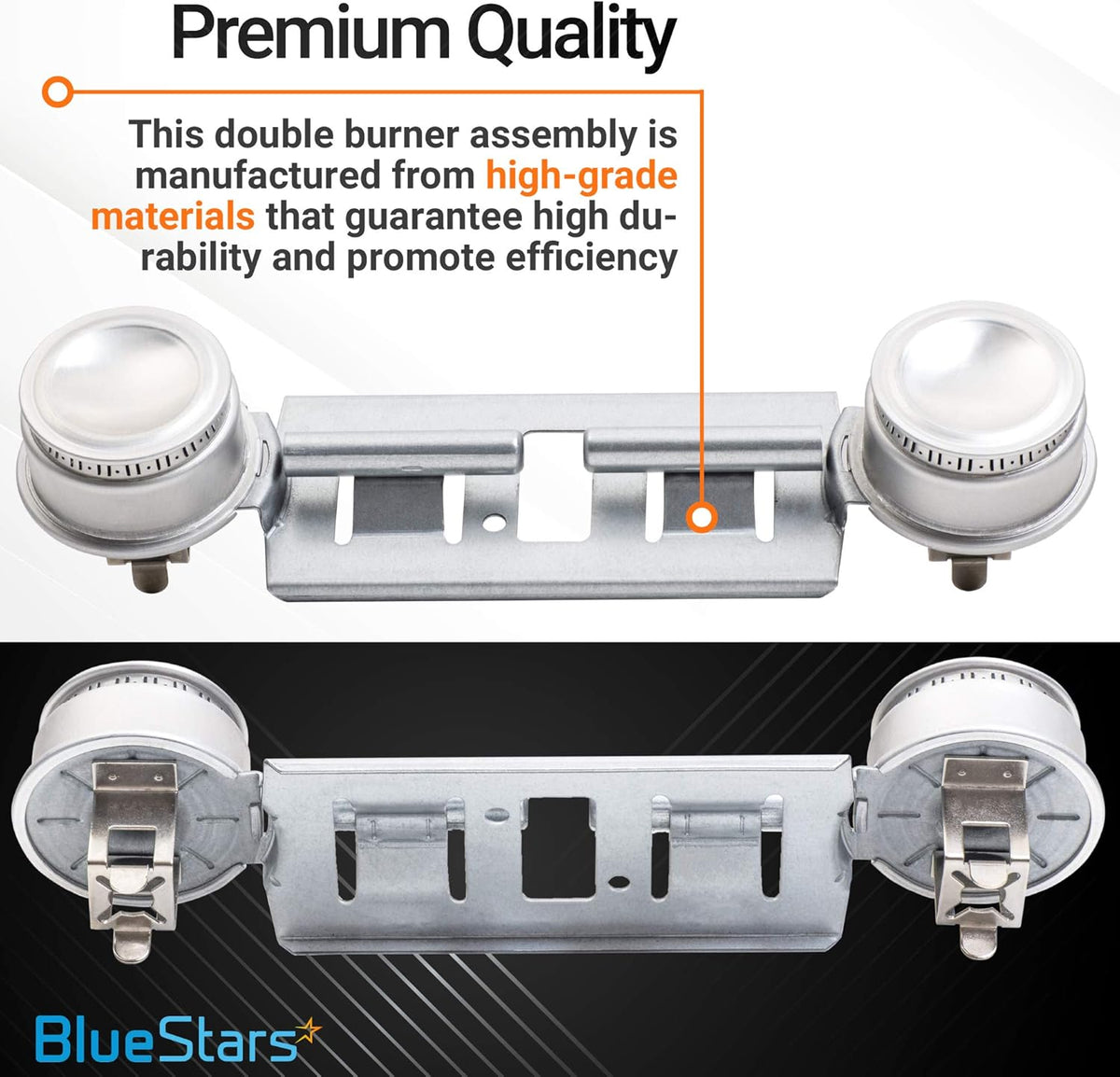 WB16K10026 double burner assembly for GE ranges, showing top and bottom views with premium quality material callout.