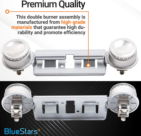 WB16K10026 double burner assembly for GE ranges, showing top and bottom views with premium quality material callout.