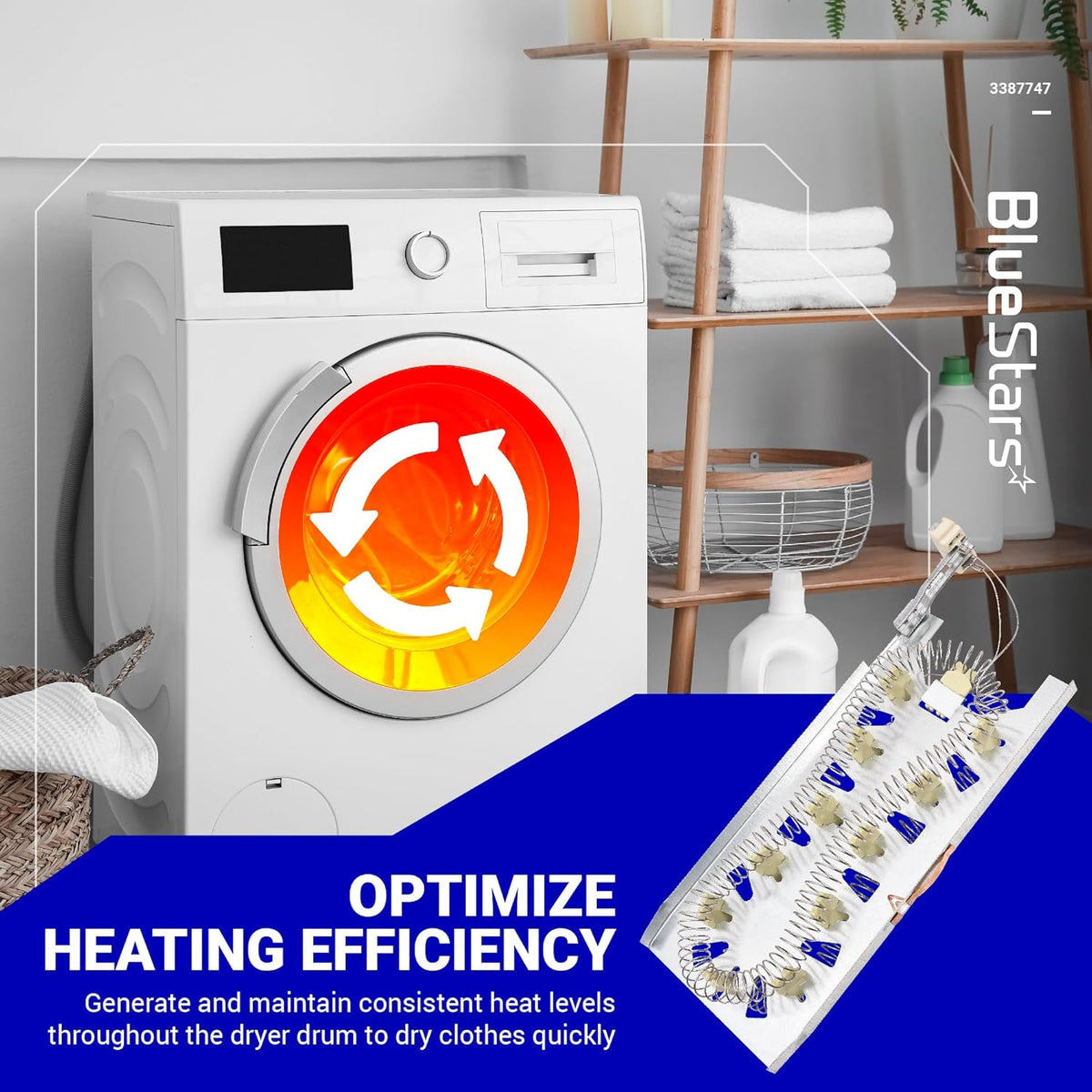 WP3387747 dryer heating element shown with a graphic illustrating optimized heating efficiency for Whirlpool dryers.