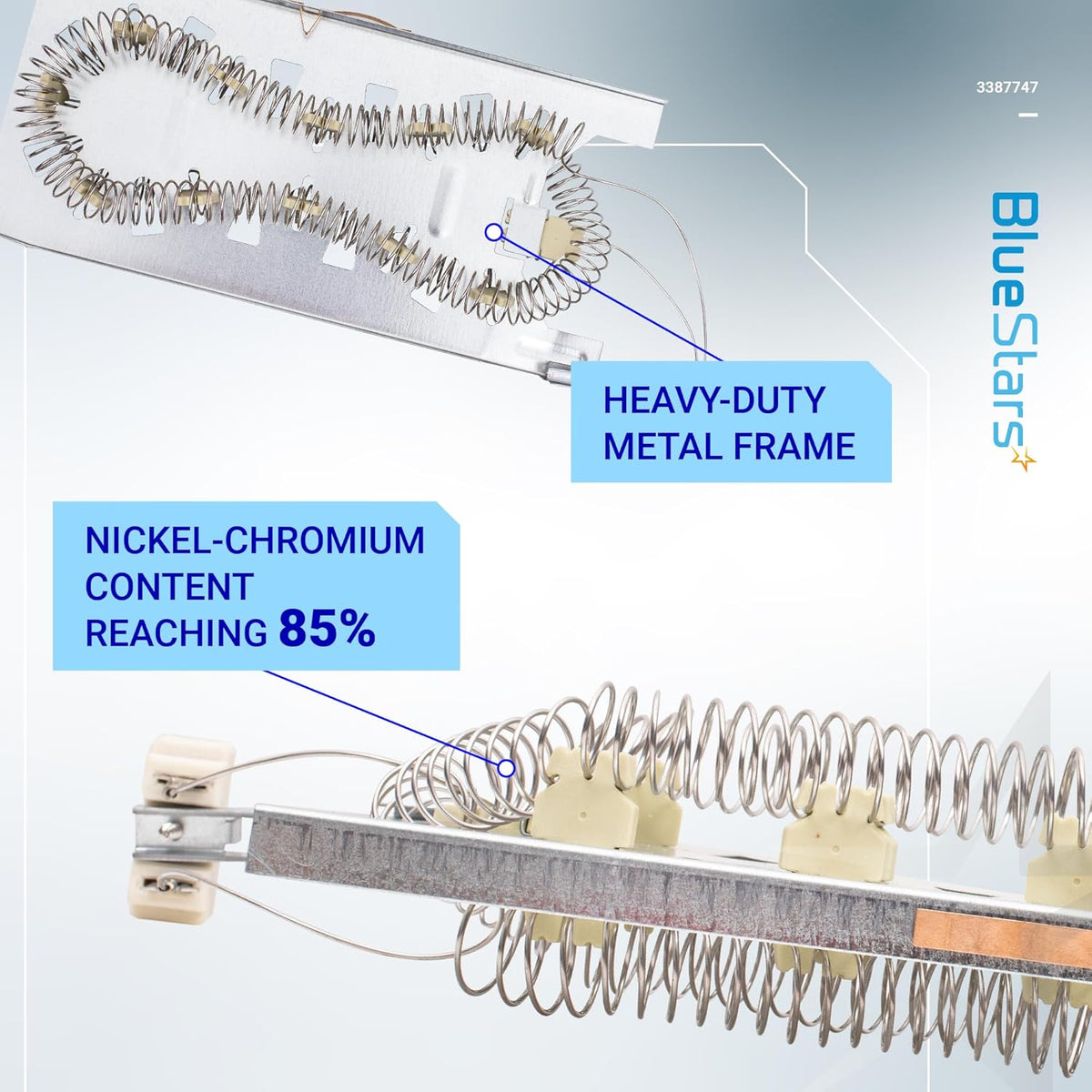 WP3387747 dryer heating element showing heavy-duty metal frame and nickel-chromium coil construction details.