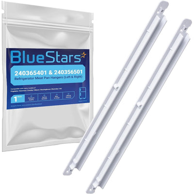 Left and right refrigerator meat pan hangers with BlueStars branded packaging for Frigidaire and Kenmore fridges.