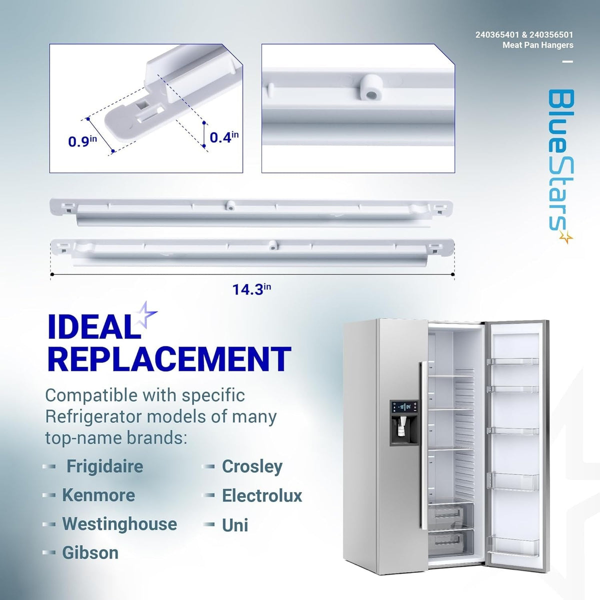 Set of two white refrigerator meat pan hangers with dimensions for Frigidaire and Kenmore models.