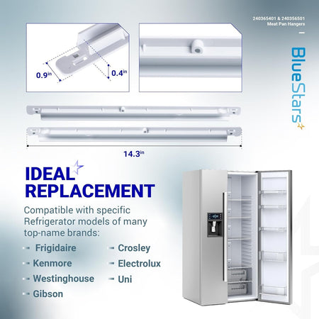 Set of two white refrigerator meat pan hangers with dimensions for Frigidaire and Kenmore models.