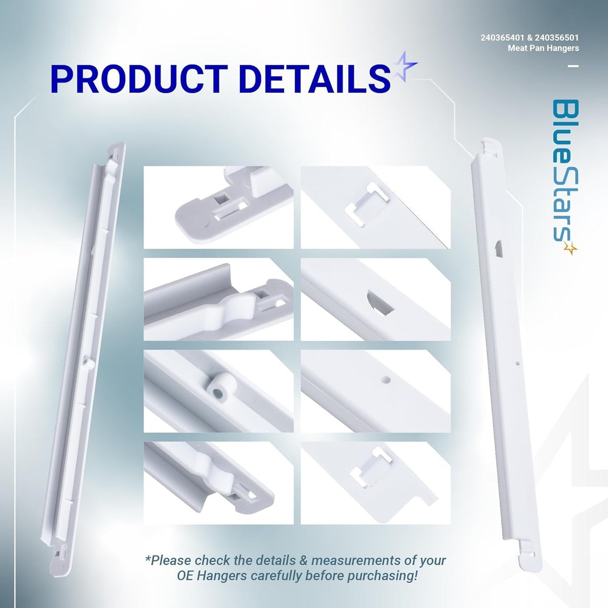 Product detail collage showing close-up views of Frigidaire and Kenmore refrigerator meat pan hanger components.