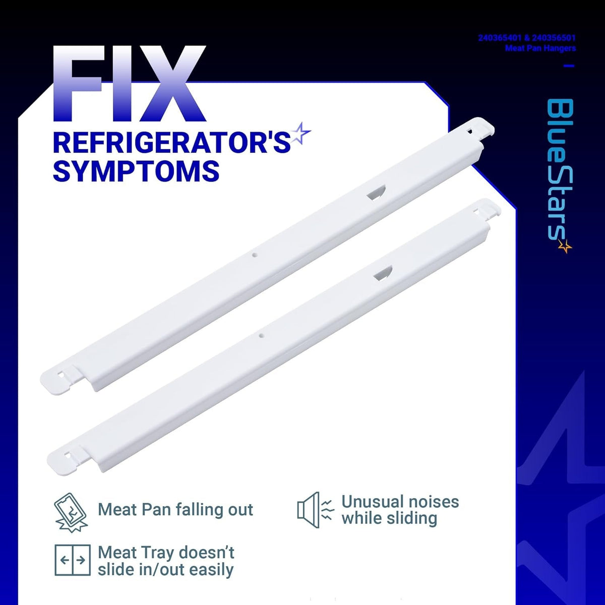 Pair of white refrigerator meat pan hangers for Frigidaire and Kenmore models 240365401 and 240356501.