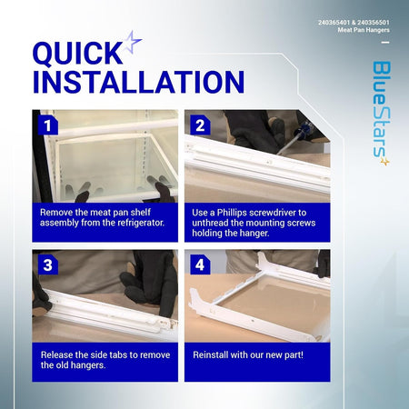 Four-step installation guide for Frigidaire and Kenmore refrigerator meat pan hangers.