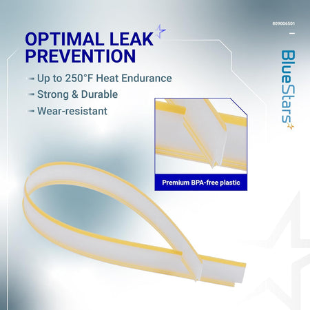 Infographic showing 809006501 dishwasher bottom door gasket features and durable BPA-free plastic material.