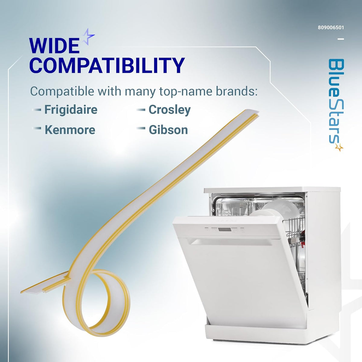 809006501 dishwasher bottom door gasket replacement showing compatibility with Frigidaire, Kenmore, and other brands.