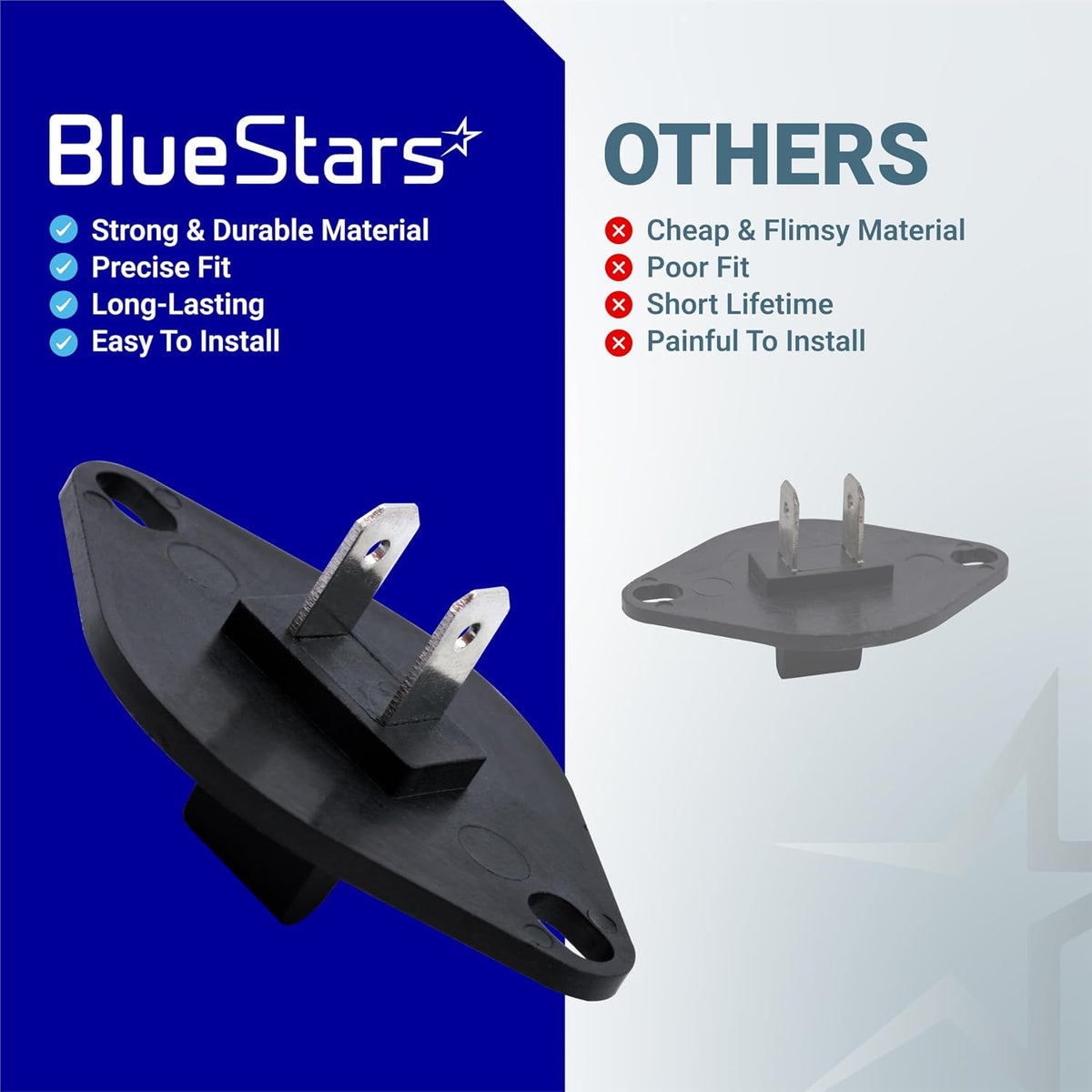 134587700 Dryer Control Thermistor comparison graphic showing BlueStars and other connector designs
