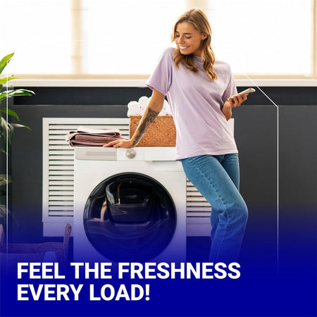 134587700 Dryer Control Thermistor, lifestyle scene showing a woman beside a front-loading laundry appliance