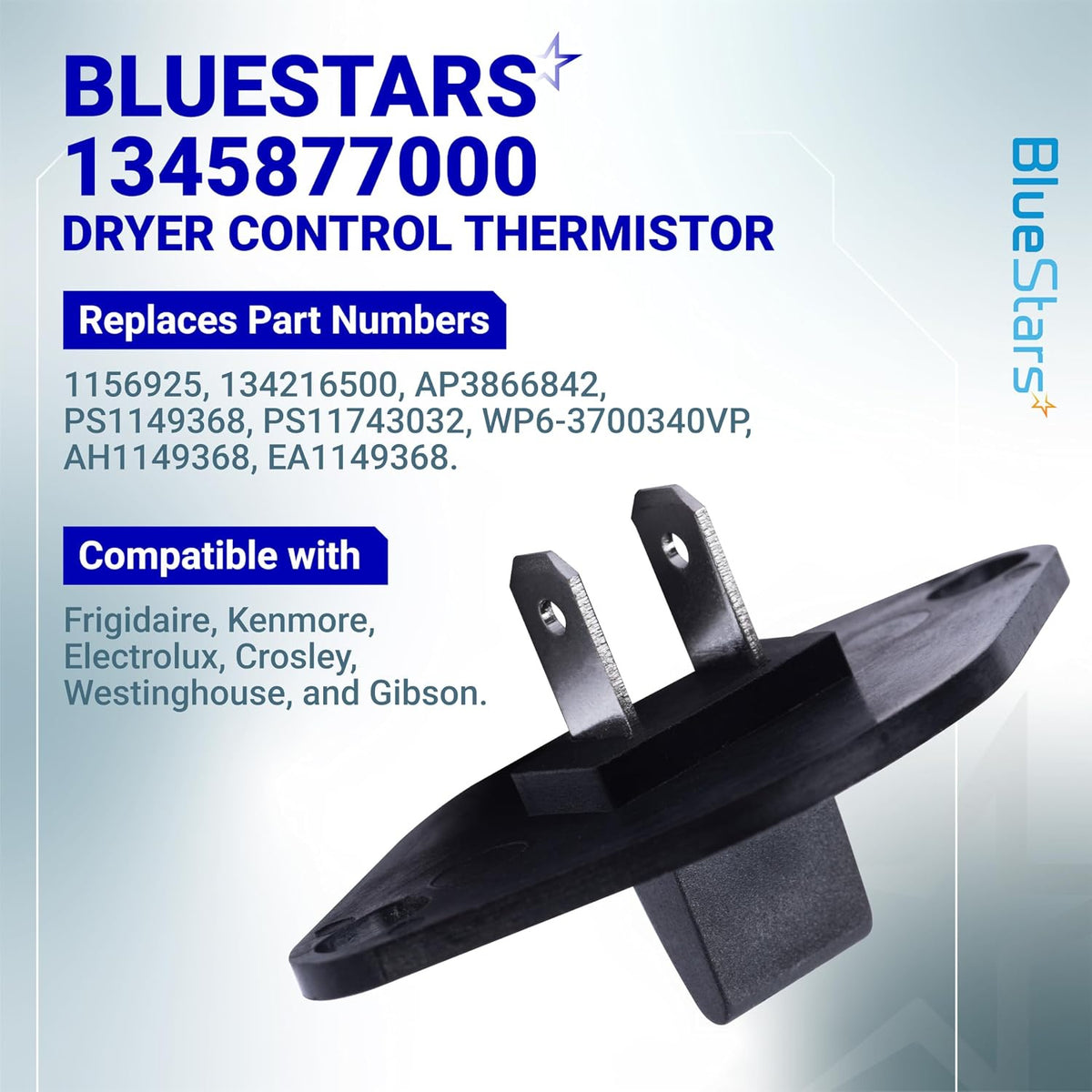 134587700 Dryer Control Thermistor product graphic showing black sensor and replacement part numbers