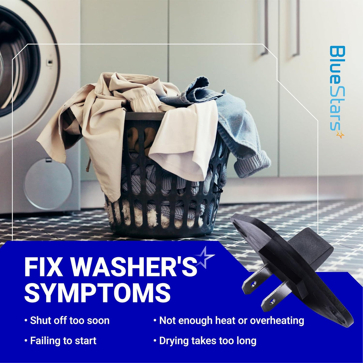 134587700 Dryer Control Thermistor shown in a symptom graphic with a laundry basket and listed dryer issues