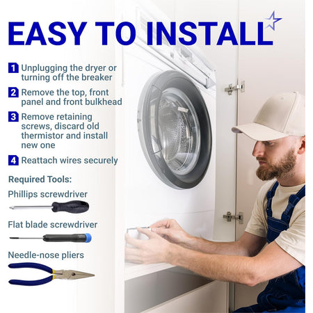 134587700 Dryer Control Thermistor installation guide showing dryer access steps, tools, and technician replacing the part